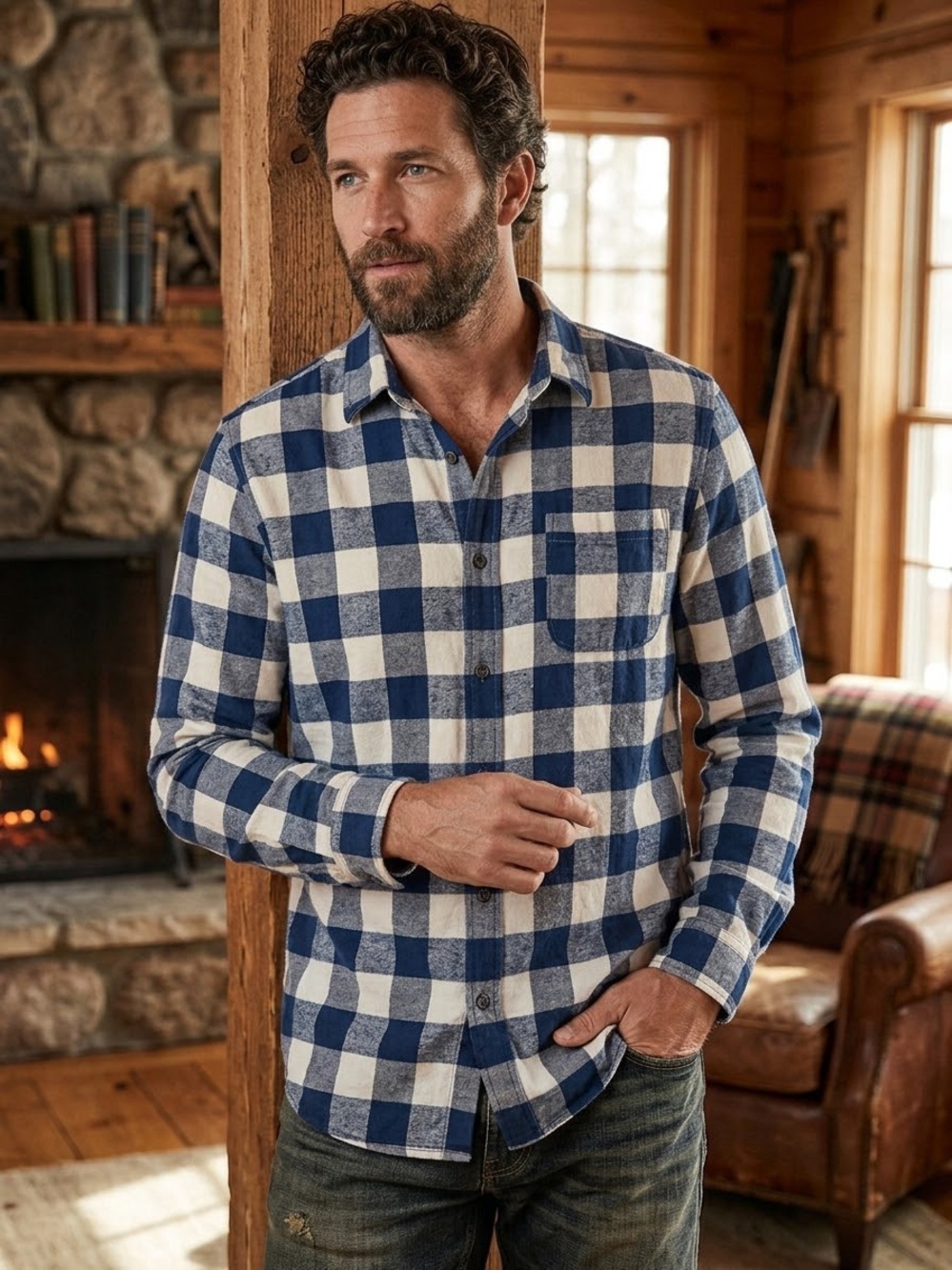 St. John's Bay Blue and White Plaid Cotton Button-Down Shirt